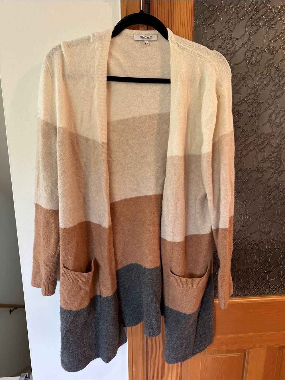 Madewell Cream Tan Brown Gray Striped Open-Front Cardigan